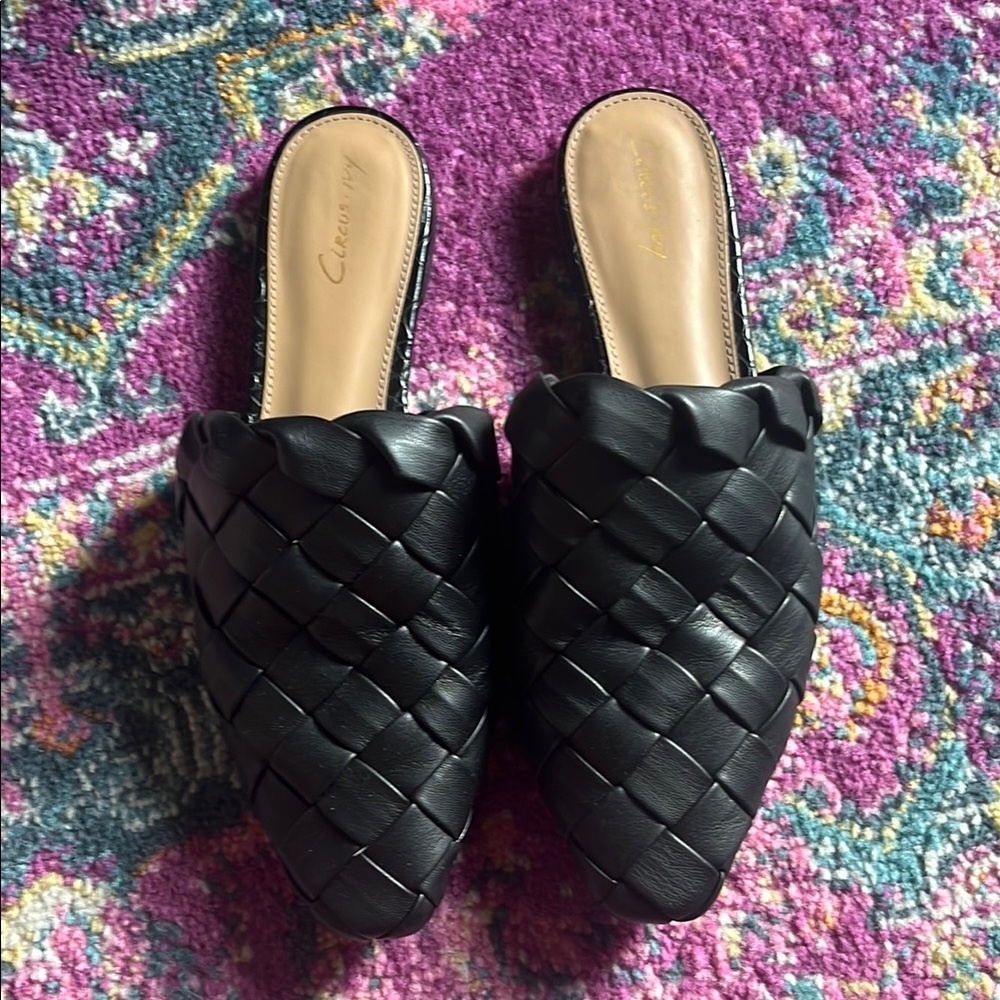 Black Woven Leather Mules